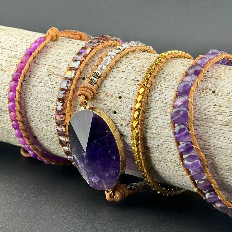 Bohemian Amethyst 5-Layer Leather Wrap Around Bracelet (AHG)