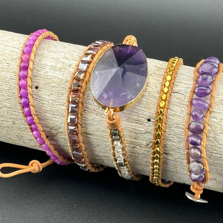 Bohemian Amethyst 5-Layer Leather Wrap Around Bracelet (AHG)