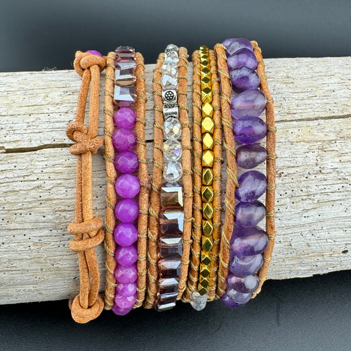 Bohemian Amethyst 5-Layer Leather Wrap Around Bracelet (AHG)