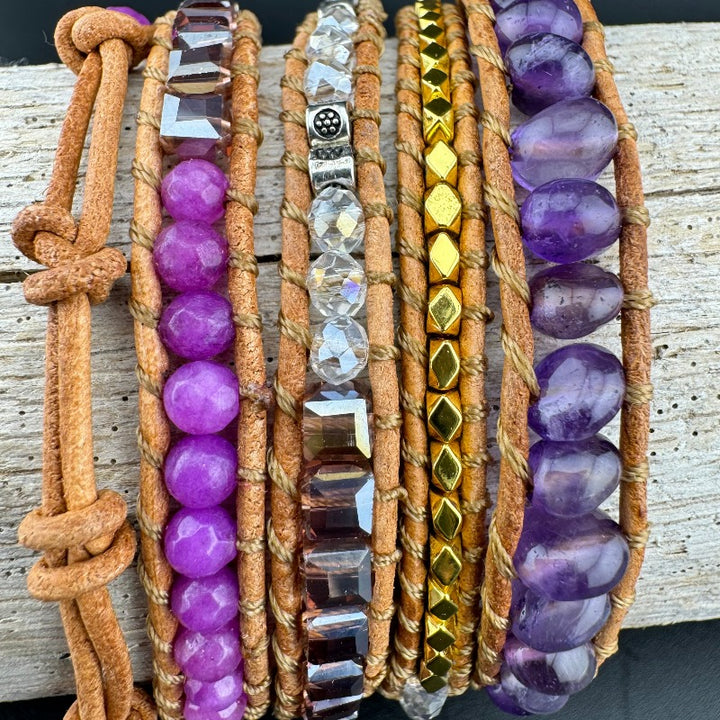 Bohemian Amethyst 5-Layer Leather Wrap Around Bracelet (AHG)