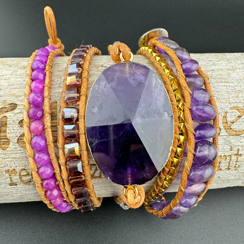 Bohemian Amethyst 5-Layer Leather Wrap Around Bracelet (AHG)