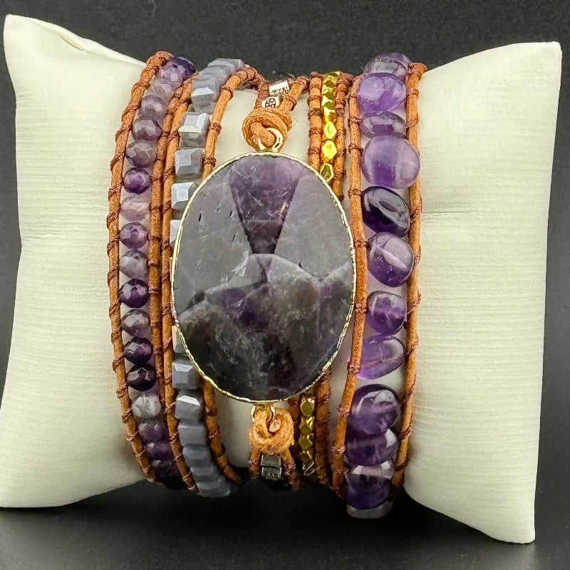 Bohemian Amethyst 5-Layer Leather Wrap Around Bracelet (ATH)