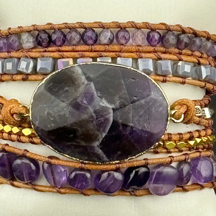 Bohemian Amethyst 5-Layer Leather Wrap Around Bracelet (ATH)