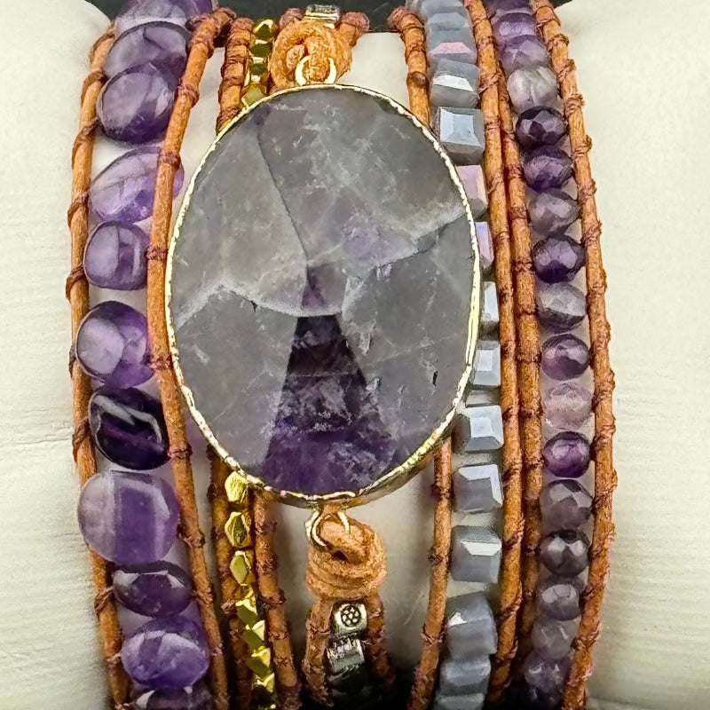 Bohemian Amethyst 5-Layer Leather Wrap Around Bracelet (ATH)