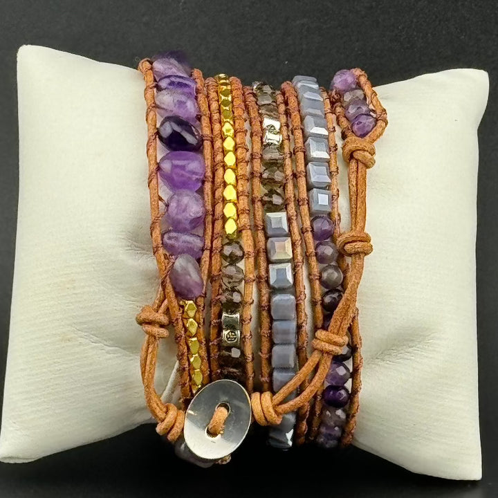 Bohemian Amethyst 5-Layer Leather Wrap Around Bracelet (ATH)