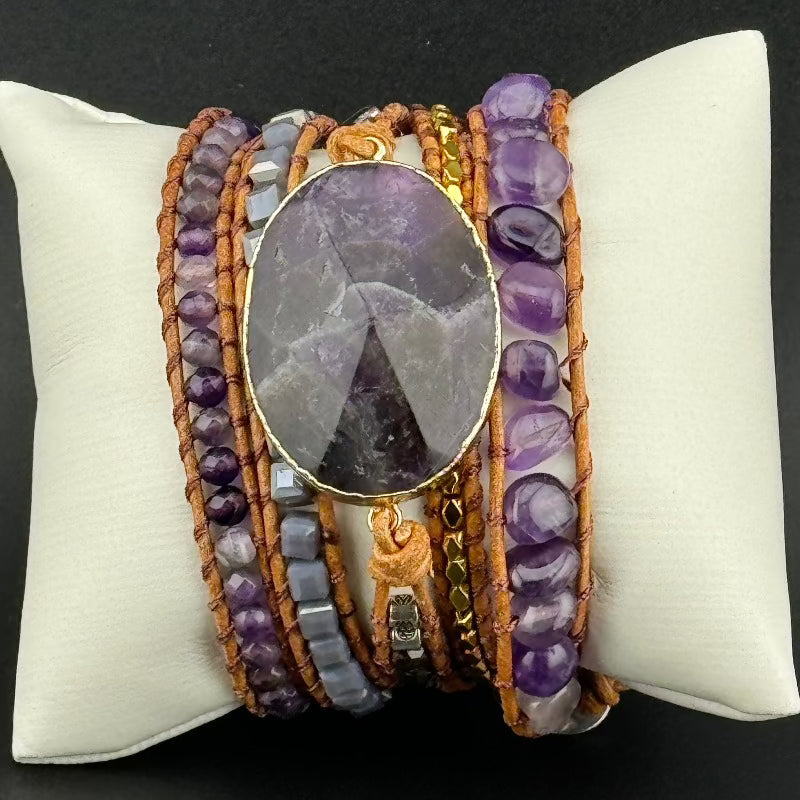 Bohemian Amethyst 5-Layer Leather Wrap Around Bracelet (ATH)