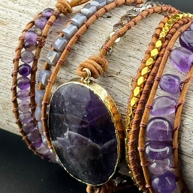 Bohemian Amethyst 5-Layer Leather Wrap Around Bracelet (ATH)