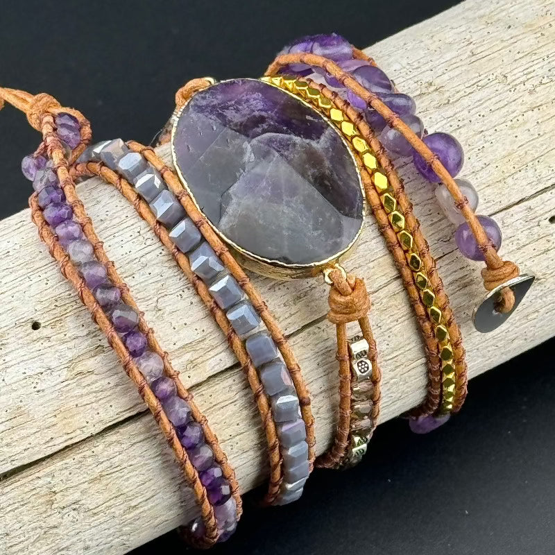 Bohemian Amethyst 5-Layer Leather Wrap Around Bracelet (ATH)