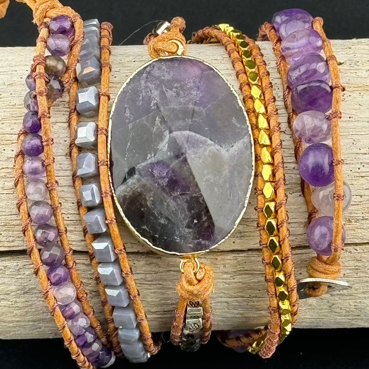 Bohemian Amethyst 5-Layer Leather Wrap Around Bracelet (ATH)