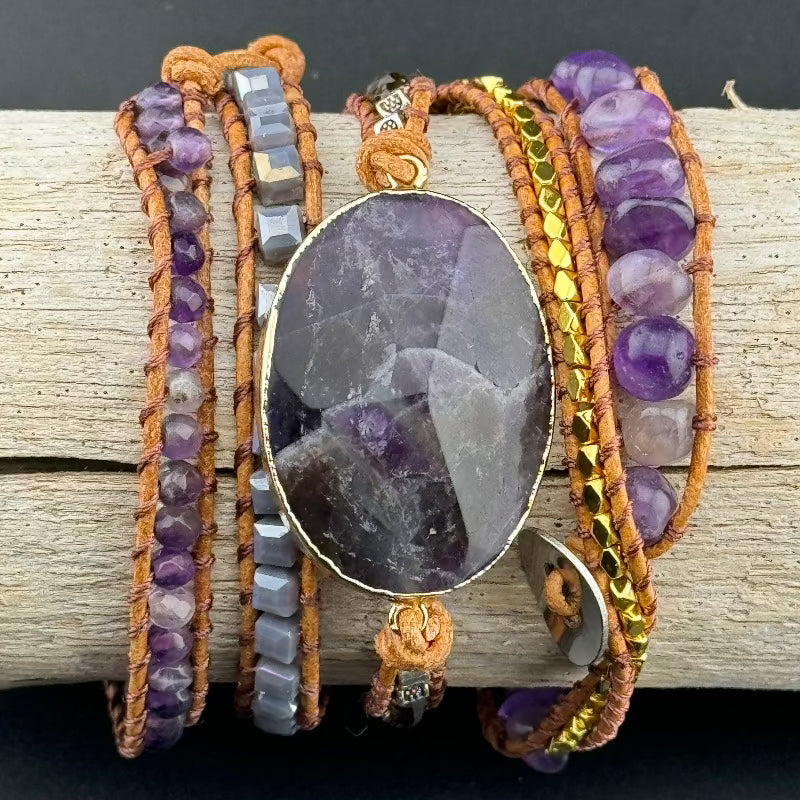 Bohemian Amethyst 5-Layer Leather Wrap Around Bracelet (ATH)