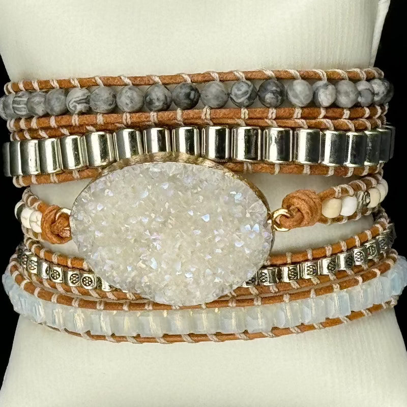 Bohemian White Crystal 5-Layer Leather Wrap Around Bracelet