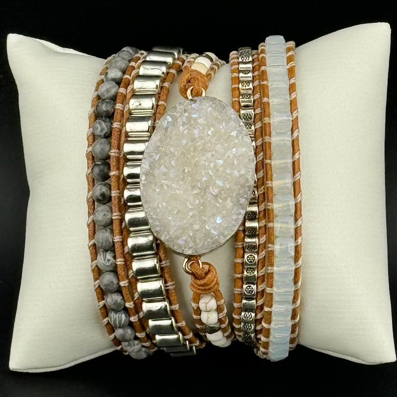 Bohemian White Crystal 5-Layer Leather Wrap Around Bracelet