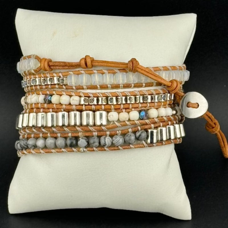 Bohemian White Crystal 5-Layer Leather Wrap Around Bracelet