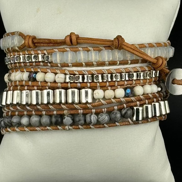 Bohemian White Crystal 5-Layer Leather Wrap Around Bracelet