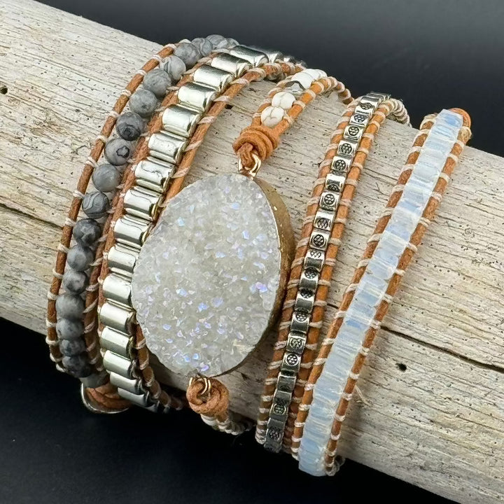 Bohemian White Crystal 5-Layer Leather Wrap Around Bracelet