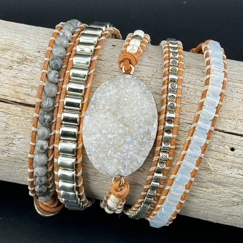 Bohemian White Crystal 5-Layer Leather Wrap Around Bracelet