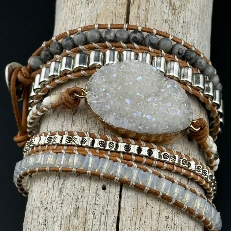 Bohemian White Crystal 5-Layer Leather Wrap Around Bracelet