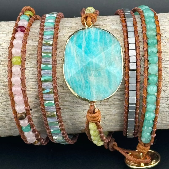 Bohemian Amazonite 5-Layer Leather Wrap Around Bracelet (Gold Button)