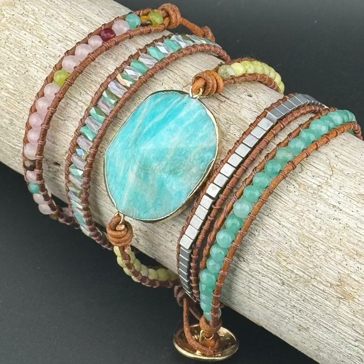 Bohemian Amazonite 5-Layer Leather Wrap Around Bracelet (Gold Button)