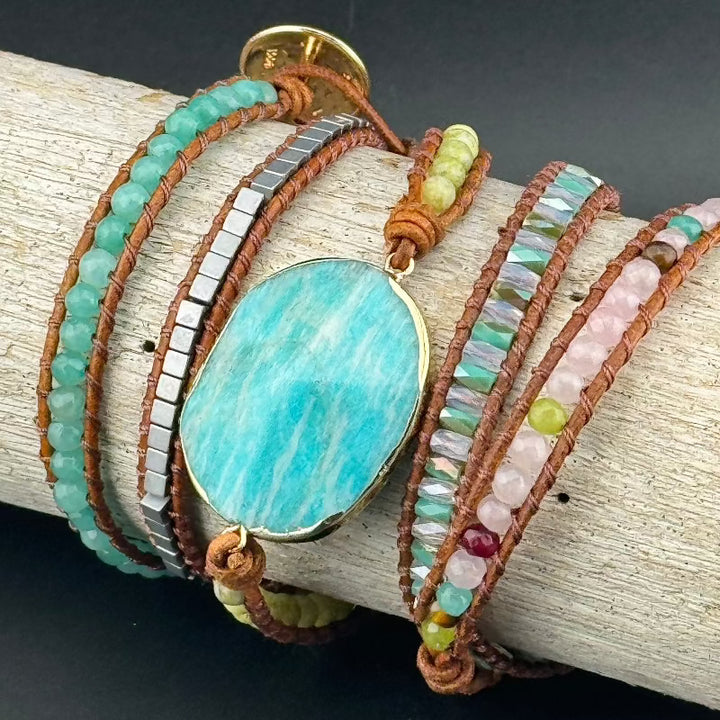 Bohemian Amazonite 5-Layer Leather Wrap Around Bracelet (Gold Button)