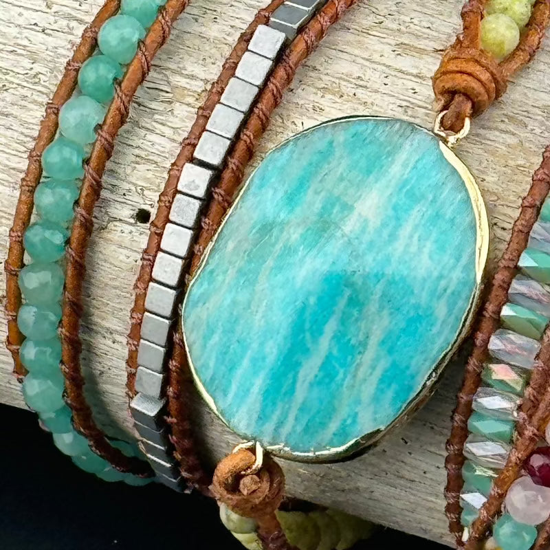 Bohemian Amazonite 5-Layer Leather Wrap Around Bracelet (Gold Button)