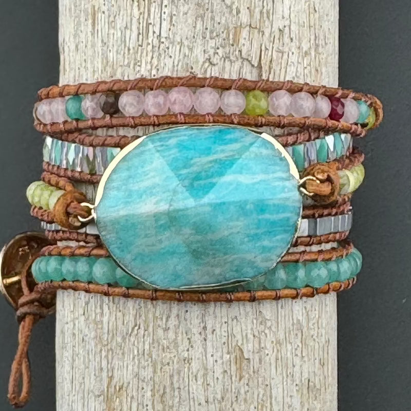 Bohemian Amazonite 5-Layer Leather Wrap Around Bracelet (Gold Button)