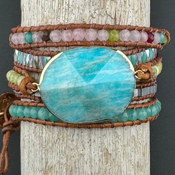 Bohemian Amazonite 5-Layer Leather Wrap Around Bracelet (Gold Button)