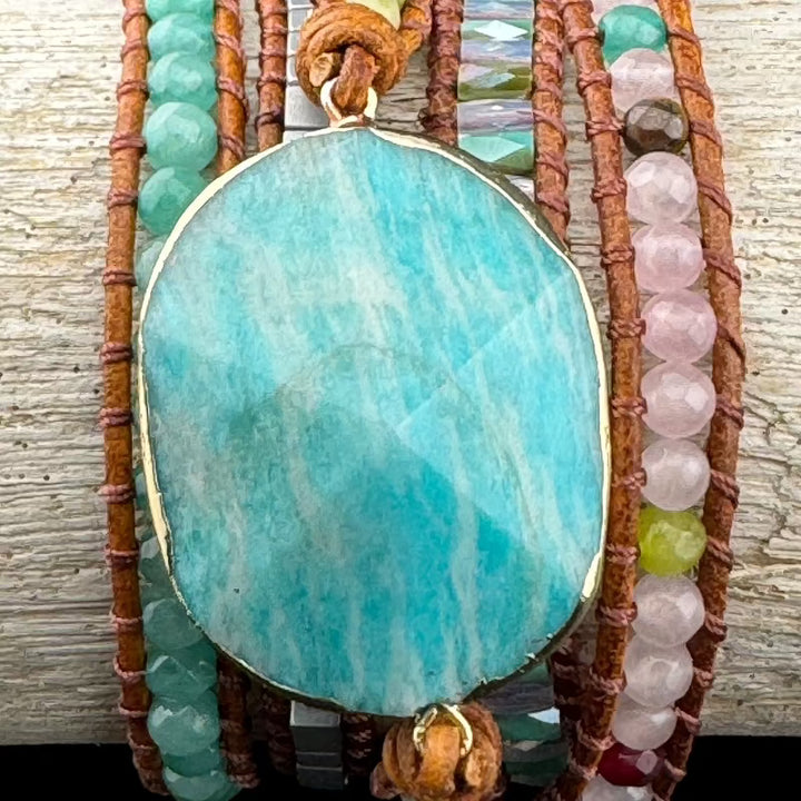 Bohemian Amazonite 5-Layer Leather Wrap Around Bracelet (Gold Button)