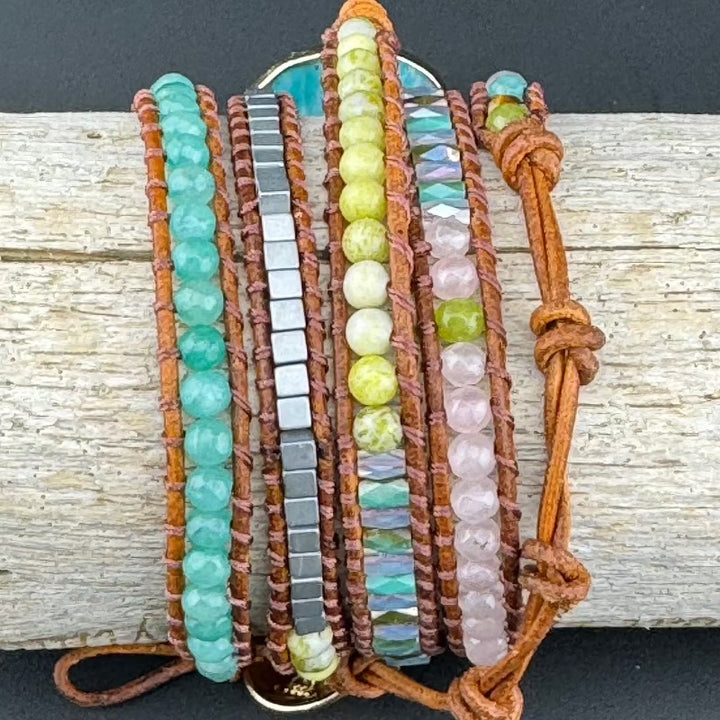 Bohemian Amazonite 5-Layer Leather Wrap Around Bracelet (Gold Button)