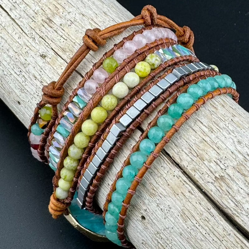 Bohemian Amazonite 5-Layer Leather Wrap Around Bracelet (Gold Button)