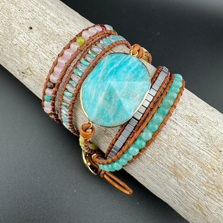 Bohemian Amazonite 5-Layer Leather Wrap Around Bracelet (Gold Button)