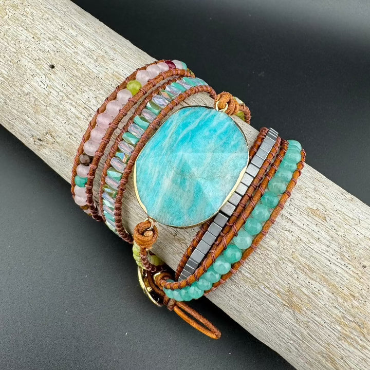 Bohemian Amazonite 5-Layer Leather Wrap Around Bracelet (Gold Button)