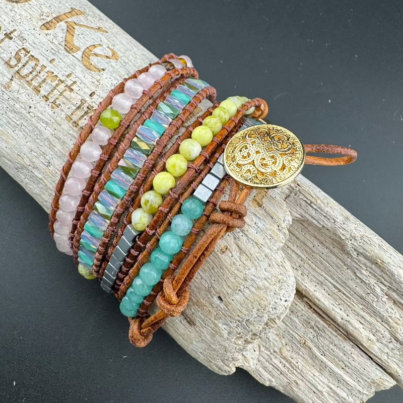 Bohemian Amazonite 5-Layer Leather Wrap Around Bracelet (Gold Button)