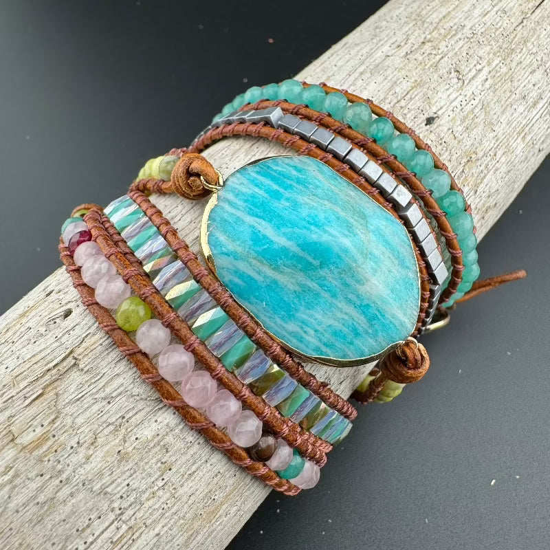 Bohemian Amazonite 5-Layer Leather Wrap Around Bracelet (Gold Button)