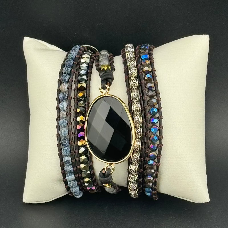 Bohemian Black Agate 5-Layer Leather Wrap Around Bracelet