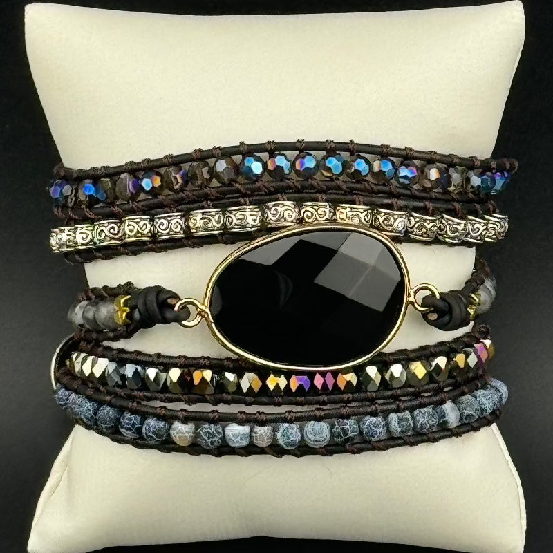 Bohemian Black Agate 5-Layer Leather Wrap Around Bracelet