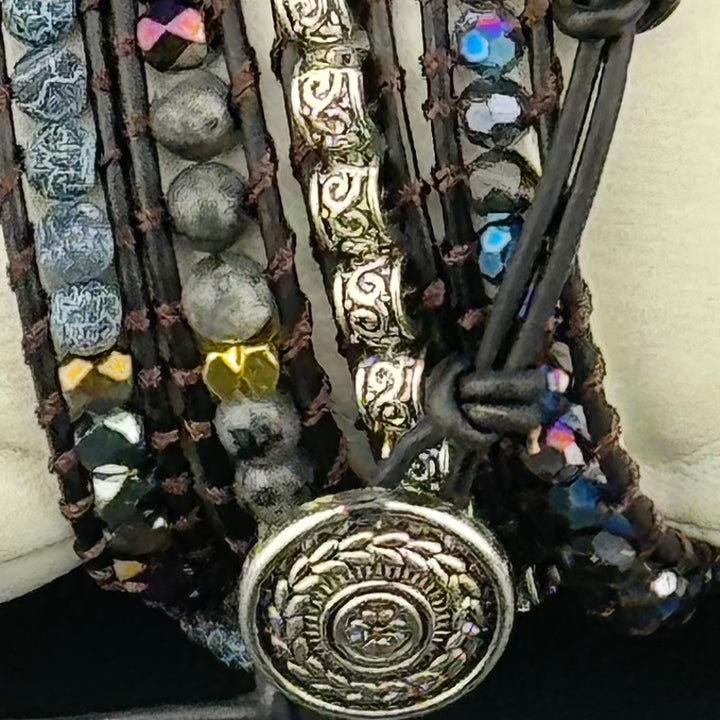 Bohemian Black Agate 5-Layer Leather Wrap Around Bracelet