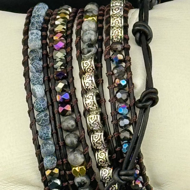 Bohemian Black Agate 5-Layer Leather Wrap Around Bracelet