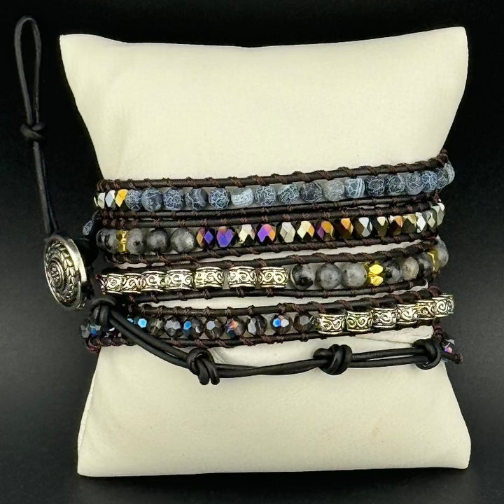 Bohemian Black Agate 5-Layer Leather Wrap Around Bracelet