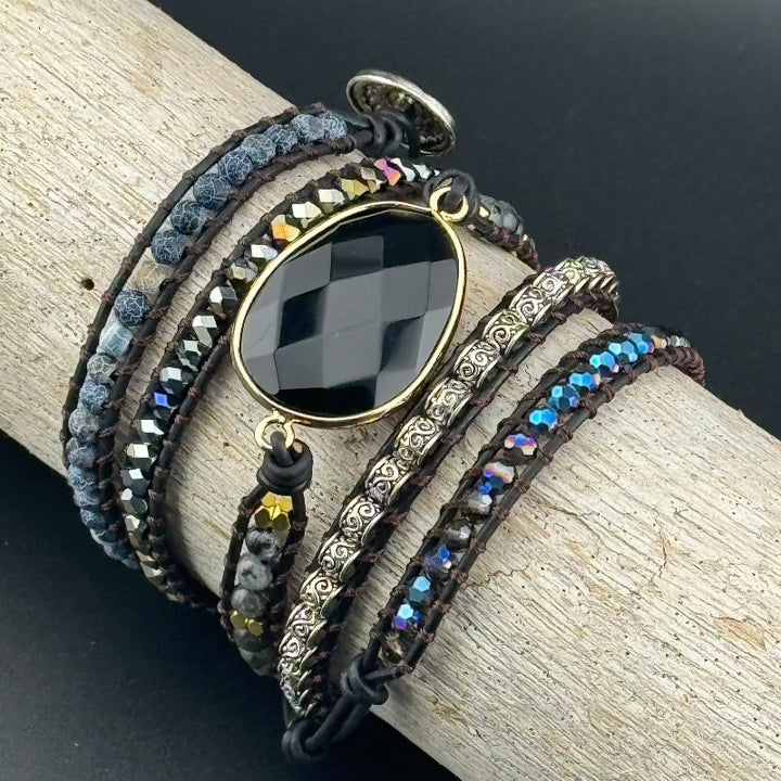 Bohemian Black Agate 5-Layer Leather Wrap Around Bracelet