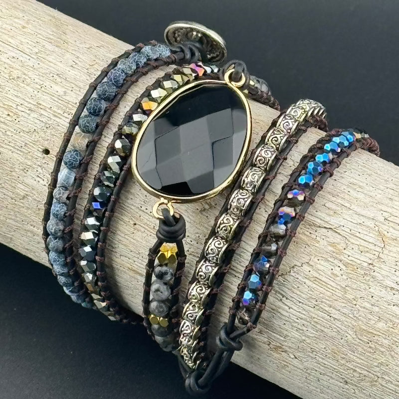 Bohemian Black Agate 5-Layer Leather Wrap Around Bracelet