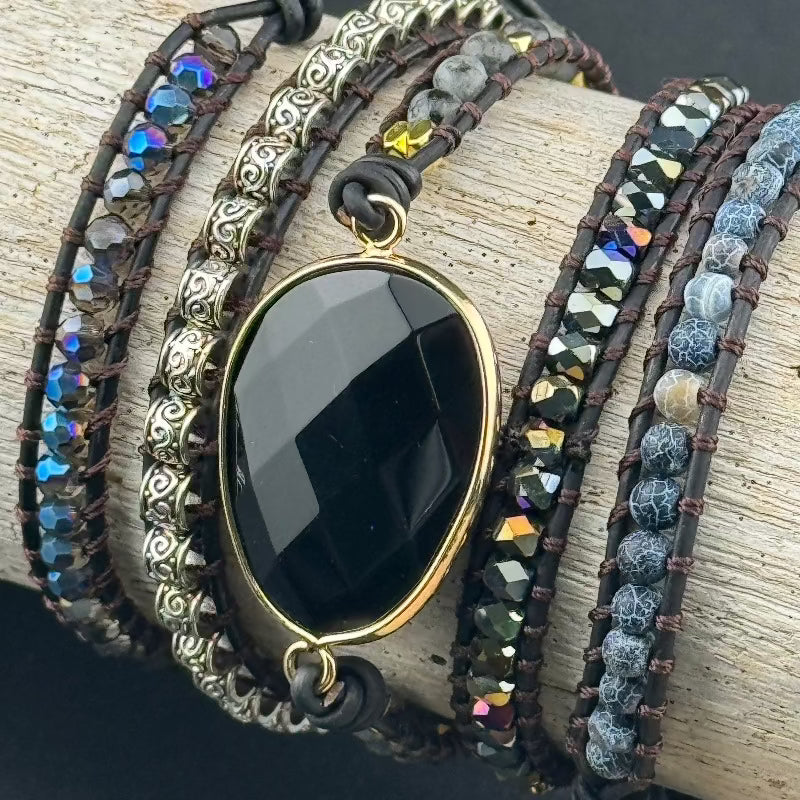 Bohemian Black Agate 5-Layer Leather Wrap Around Bracelet