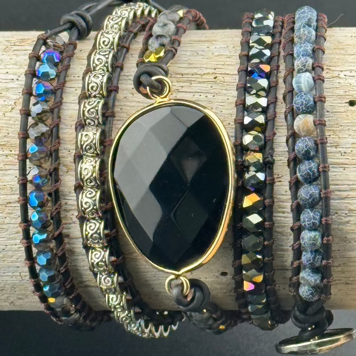 Bohemian Black Agate 5-Layer Leather Wrap Around Bracelet