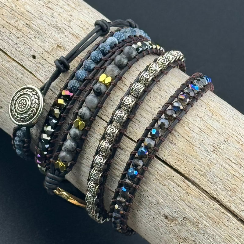 Bohemian Black Agate 5-Layer Leather Wrap Around Bracelet