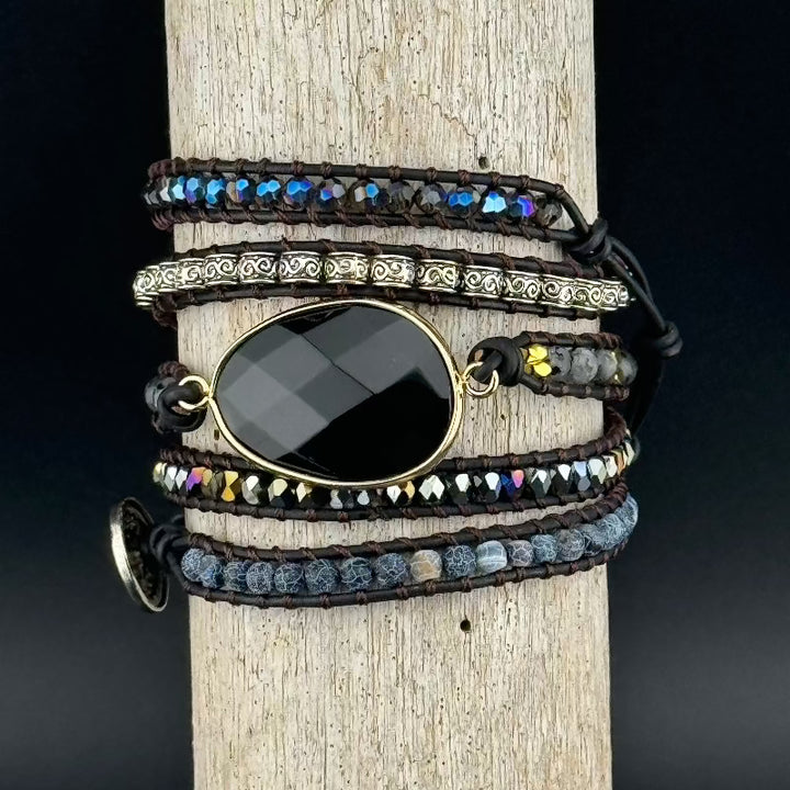 Bohemian Black Agate 5-Layer Leather Wrap Around Bracelet