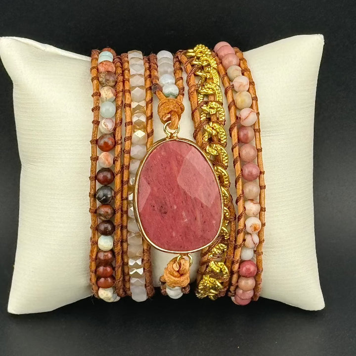 Bohemian Rhodochrosite 5-Layer Leather Wrap Around Bracelet