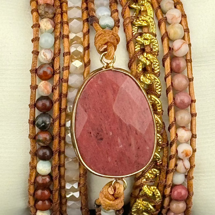 Bohemian Rhodochrosite 5-Layer Leather Wrap Around Bracelet