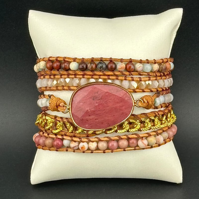 Bohemian Rhodochrosite 5-Layer Leather Wrap Around Bracelet