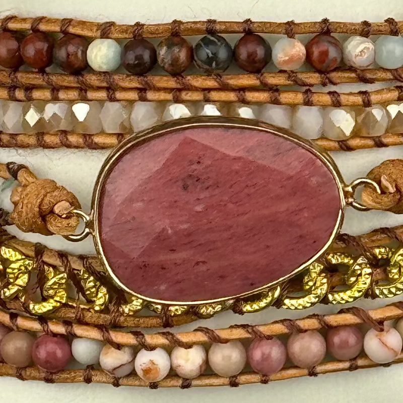 Bohemian Rhodochrosite 5-Layer Leather Wrap Around Bracelet