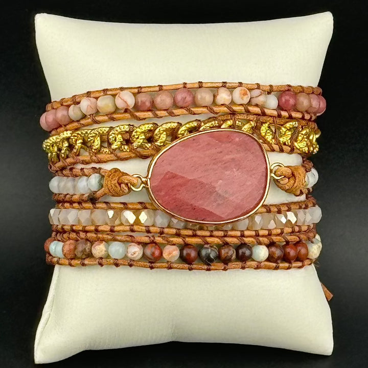 Bohemian Rhodochrosite 5-Layer Leather Wrap Around Bracelet